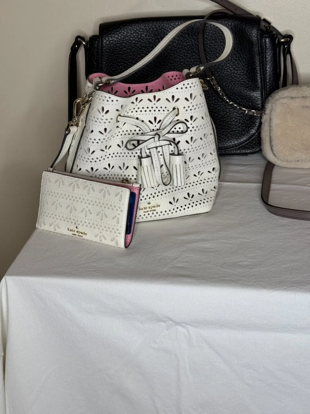 Kate Spade New York White Perforated Eyelet Bucket Bag + Matching Wallet Set